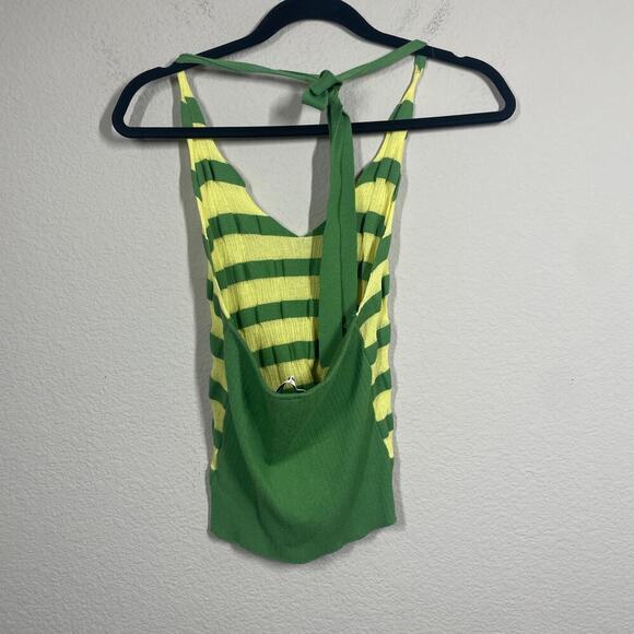 TheOpen Product 1/Small Stripe Halter Neck Tank Top Green Yellow Sleeveless - Picture 8 of 10